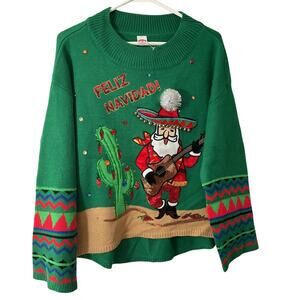 Feliz Navidad! Santa Small Guitar Sequins Bells Christmas Sweater